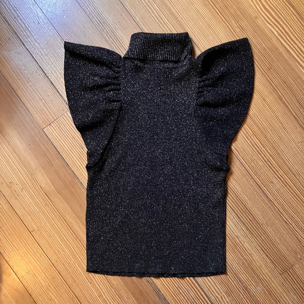 A.L.C. Minka Metallic Rib Knit Top Flutter Sleeve in Black Gold Sz S - Picture 5 of 10